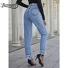 Botón Fly Tassel Hem Ripped Jeans Mujer Primavera Moda Wash Cintura alta Casual Streetwear Mom Straight 210510
