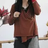 Johnature Retro V-neck Linen Lace Up Shirts Autumn Loose Leisure Fashion Women Tops 3 colors Cardigan Shirts 210521