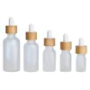 White Frost Glass Essential Oil Dropper Bottle Empty Cosmetic Packaging Filling Vials Bamboo Wood Lid White Rubber Top 5ml 10ml 15ml 20ml 30ml 50ml 100ml