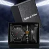 Wristwatches Watch For Män Business Fashion Watches Leather Strap Clock Quartz Armbandsur Gifts Set för män Black Relogio Masculino