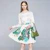 Women's Summer office OL Runway Print 2 Pieces Suits white blouse Shirt Crop Top + High Waist Pleated Mini Skirt Work wear Set 210529