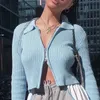 BLSQR Kvinnors Ribbed Zipper Sweater Navel Bare Crop Tops Cardigan Långärmad Lapel Stretchy Mujer 210430