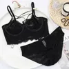 Reggiseno e mutandine push-up trasparenti a V profondo nero Set di biancheria intima sexy Taglie forti Fasciatura ultra sottile Senza biancheria intima di pizzo in spugna Set da donna X0526