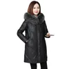 Women's Leather Haining Down Jacket Women's Mid Long 2022 Sheep Skin Collar Loose Thickened Fur Coat & Faux