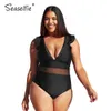 SEASELFIE grande taille noir maille col en v maillot de bain femmes grand Sexy Monokini maillot de bain plage maillots de bain 210712