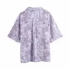 Летние женщины цветочные принты фиолетовая рубашка женский сшитый воротник с коротким рукавом блузка повседневная леди свободно топы Blusas S8807 210430