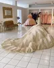 2022 Champagne Beaded Quinceanera Dresses Lace Up Appliqued Long Sleeve Princess Ball Gown Prom Party Wear Masquerade Dress246D