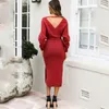 Isarose Kobiety Sweter Sukienka Sukienka Batwing Rękaw V Neck Sexy Backless Bow Pas Kolan Długość Moda Wiosna Jesień Szczur Knit Dress 210422