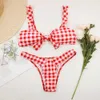 Women Pink Plaid Swimsuits Sexy Swimming Suit Push Up Bikini Red Girl Separate Swimwear Female Brazilian Bathing Suits 210621