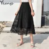 Vintage Casual Elastic Cintura Alta Lace Plissada Saia Mulheres Verão Verão Branco Coreano A-Linha Preto Longo Doce Feminino Saia 210619