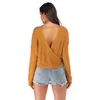 Women Short Sweater Autumn Knit Tops Wine Red Yellow Casual Loose Pullovers Sweaters Cross Deep V-Neck Sexy Wrap Winter Simple 210507