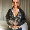 Etap zużycie szkieletu Y2K Rhinestone Hoodies Kobiety gotycki czarny zamek błyskawiczny w górę ponadwymiarowe bluzy kobiece retro harajuku harajuku z kapturem streetwear