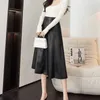 Autumn Winter Women's Skirts Pu Leather Half-length Skirthigh-waist Mid-length A-line Skirt Elegant Splicing Women Clothing 211119