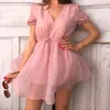 Süße Frauen Beflockung Punkte Kleid Sommer Mode Damen rosa Midi ES Party weiblich Boho Soft Liner süße Mädchen Chic 210427