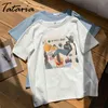 Tataria Verão Impressão T-shirt Mulheres Retro Manga Curta O Pescoço Algodão Spandex S Tops Casuais 210514