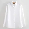 Jesień Kobiety Solidna Bluzka Koszula Casual Turn Down Collar Loose Lady Biuro Topy Elegancki Długi Rękaw Podstawowe Białe Bawełniane Koszule 210526