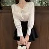 Korobov New Arival Women Blouses Korean Elegant Sweet Bow Long Sleeve Female Shirts Vintage Sexy V Neck White Shirt 210430