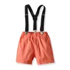 2020 Baby Boys Gentleman Clothes Sets 3PCS Bow Tie Short Sleeve Cartoon Print Single Breasted Tops Shorts Trousers Outfits X0802