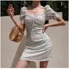 Fashion mini vintage dress female summer lady lace-up puff sleeve waist thin floral short print Dress for womens 210508