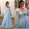 Chiffon Feather Evening Dresses 2022 A Line Long Sleeve Light Sky Blue Prom Party Gowns Plus Size 3D Floral Arabic Women Formal Wear