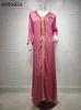 Skiskakia Ramadan Eid Pink Maxiドレスのためのピンクのマキシドレスイスラム教徒のトルコアラビア語ドバイダイヤモンドリボンVネックロングスリーブジャラビヤ210915