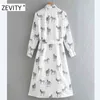 ZEVITY New women fashion animal print long sleeve casual shirt dress office lady breasted bow sashes vestido chic dresses 210322