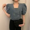 [EWQ ]Women Blue Denim Double Breasted Blouse Square Collar Short Puff SleeveShirt Fashion Spring Summer 2F0432 210510