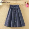 Surmiitro Knee Lenth Denim Skirt Kvinnor För Vår Sommar Koreansk Blå Striped High Waist Sun School Midi Kvinna 210621