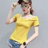 Pink T shirt Summer Cotton Casual ops ee Irregular Collar Off-shoulder Pearl Chain Decoration Short Sleeve Multi Colors 210421