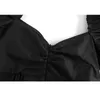 [DEAT] été hauts à la mode noir épissage nœud col carré manches bouffantes tempérament élégant femmes chemise 13Q072 210527