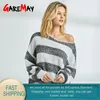 autumn pullover striped Sweater For Women Sexy off shoulder Batwing sweater Loose Knitted Pullover Oversize Female 210428