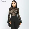 Sexy Black Lace Mesh Bodysuit Long Sleeve Round Neck Perspective Ladies Bandage Jumpsuit Body Fashion 210527