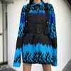 Casual Blue Flame Print Women Blouse Long Sleeve Shirts Harajuku Loose BF Tops Ladies Black Waistcoat Korean 91292 210422