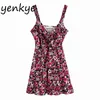 Floral Print Ruffle Wrap Sukienka Kobiety V Neck Bez Rękawów Sexy Sling Beach Sundress Kobieta A-Line Krótkie Sukienki Letnie BBWM2220 210515