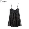 Women Stylish Sleeveless Sequins Mini Dress Bow Decorate Spaghetti Strap Sexy Lady Dresses Black Color Loose Sundress Ropa Mujer 210515