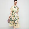 Women's Runway Dresses O Neck Short Sleeves Printed Ruffles Patchwork Fashion Mid Dress with Sash Belt