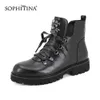 Sophitina Fashion Design Crystal Boots Round Toe Lace-up Bekväma Solida Kvinnors Skor Ankel Motorcykel Stövlar PC388 210513