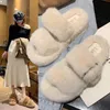 Double band buckle fluffy slippers femme rabbits fur wedges heels slides outwear furry high heels pantuflas platform shoes women H0914