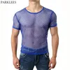 Sexy Blue Fishnet See przez T Shirt Mężczyźni Krótki Rękaw Elastyczne Przezroczyste Mesh Tshirts Męskie Hip Hop Musics Fixhirts Top Tees 210522