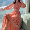 Robe en mousseline de soie orange pour femme volants à manches longues taille haute moulante dame élégante Maxi robes femme printemps vêtements 210603