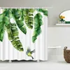Cortinas de chuveiro cortina de tecido à prova d'água impressão de plantas verdes frescas folhas de poliéster de poliéster Tela do banho com ganchos