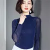 Mode Herfst Spring Mesh Korean Solid Hollow Slim Lange Mouw Vrouwen Blouses Stand Kraag Sexy Dames Tops Shirts 7920 50 210510