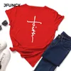 Jfuncy夏の綿の女性Tシャツプラスサイズの信仰レタークリスチャンクロスプリントティートップ半袖女性Tシャツ女性TシャツY0629