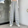 Ins Baggy Blue Pants Lady Oversized Wide Leg Plaid Slacks Harem Student Herfst Paars Roze Lange Flare Broek 211008