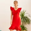 Kobiety Sexy Projektant Tank Ruffles Red Xmas Christmas Bandaż Sukienka Damska Elegancka Celebrity Bodycon Party Vestido 210527