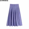 Spring and Autumn Fashion Women's High Waist midi Pleated Solid Color Half Length Elastic Skirt Lady Lavender pleated skirt 210510