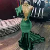 Party Dresses Green Evening High Neck Appliques Gold Lace Mermaid Prom Sexy Formal Velvet Gowns 2022