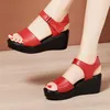 Sommer-Sandalen mit Keilabsatz für Damen, 6 cm mittlerer Absatz, Plateau, bequem, Schwarz, Rot, Weiß