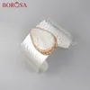 Silver Color Rhinestone Pave Natural White Shell Copper Open Bangles Wide Bangle Bracelets Jewelry JAB953