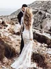 Champagne Country Mermaid Wedding Dresses with Ivory Lace Applique Long Sleeve Jewel Neck Outdoor Bohemian Fishtail Bridal Gowns